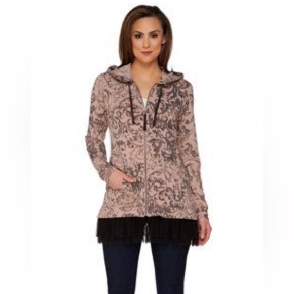 LOGO Lounge by Lori Goldstein Zip front hoodie with chiffon trim, size Medium. - Picture 1 of 11